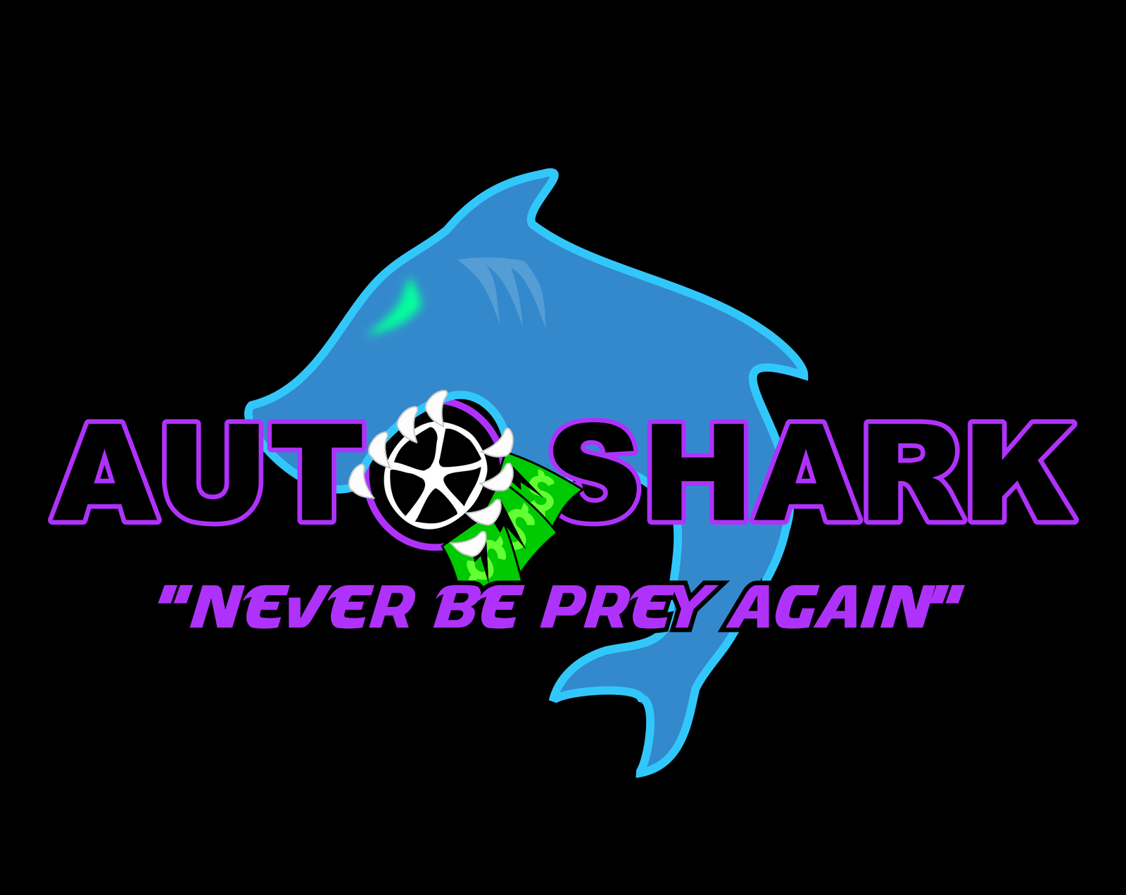 AutoShark logo, with a blue shark, purple outlined lettering, a tire and green banknotes, and the tagline Never be prey again on black.