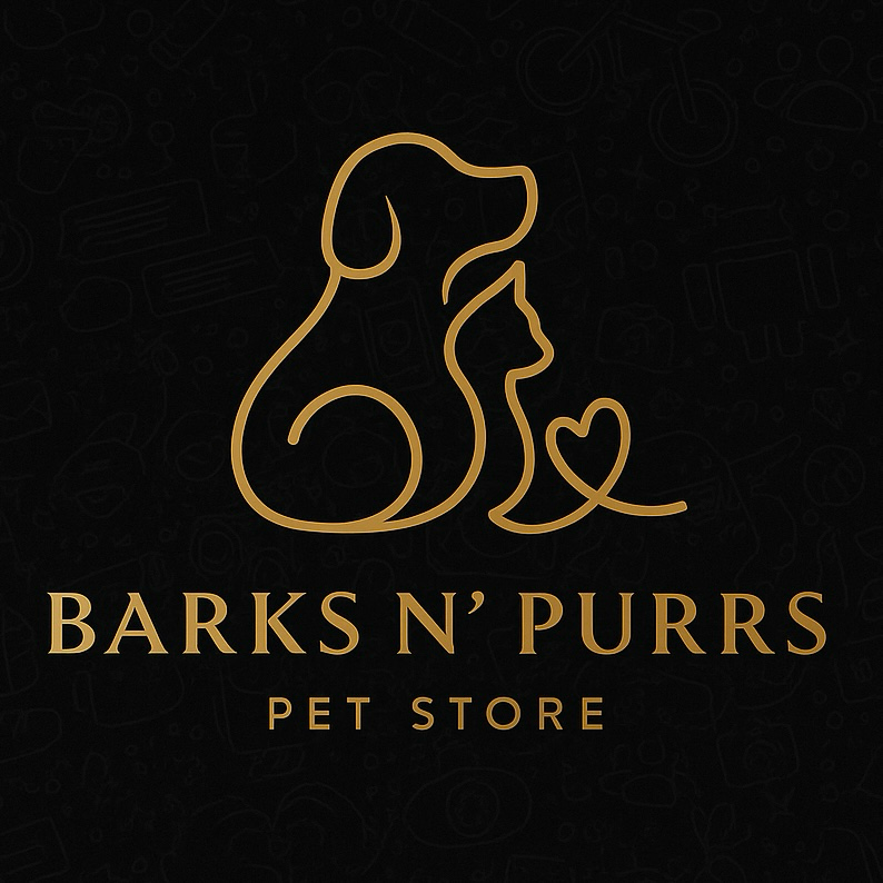 Barks N’ Purrs Pet Store logo: gold line art of a dog, cat, and heart above gold lettering on a black background.