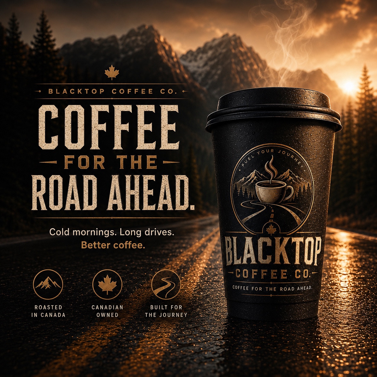 Blacktop Coffee Co fictional advertising concept with a branded cup, mountain road and the headline Coffee for the road ahead.