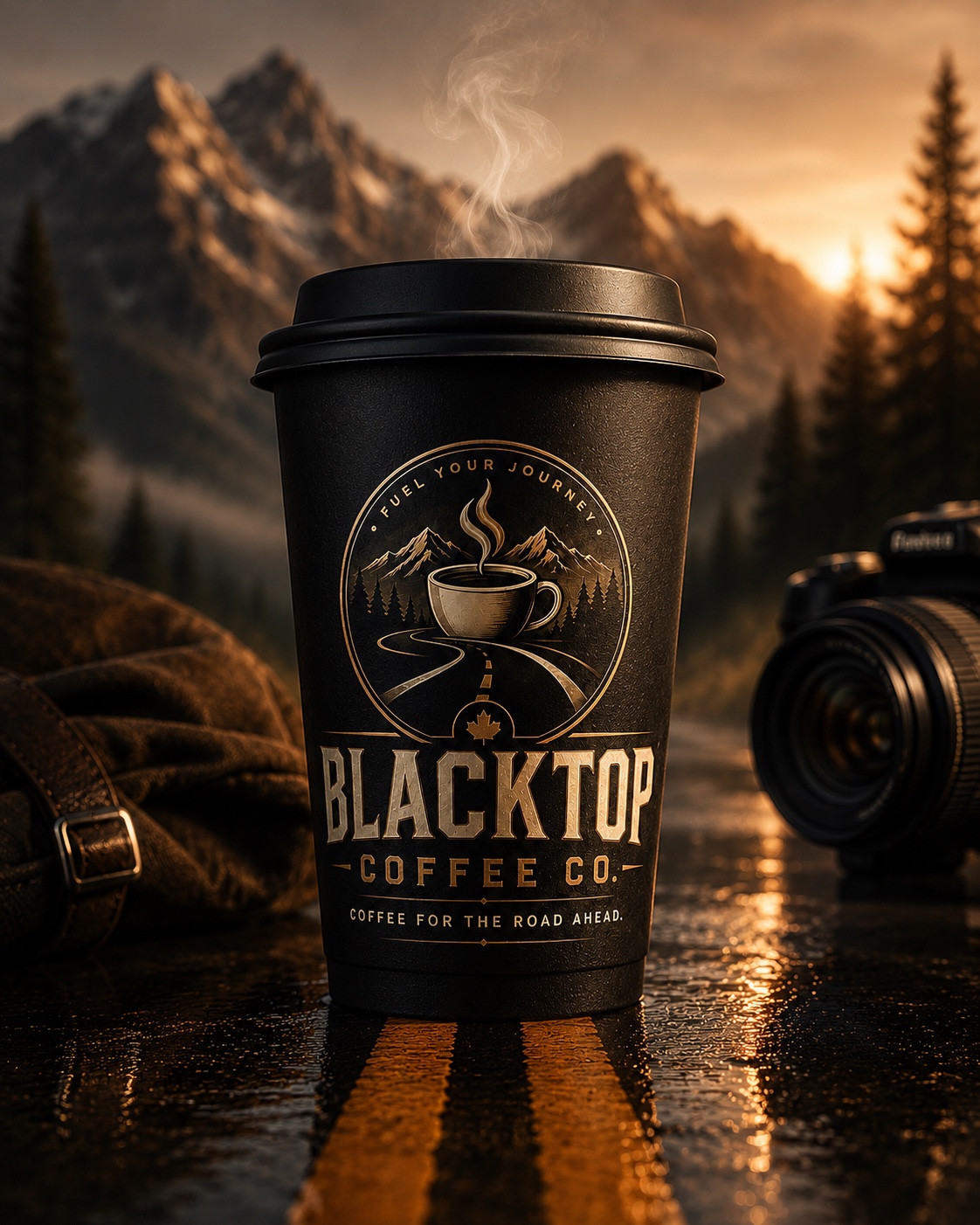 Blacktop Coffee Co cup mockup in black and warm gold, set on a mountain road at sunrise with a camera and travel bag.