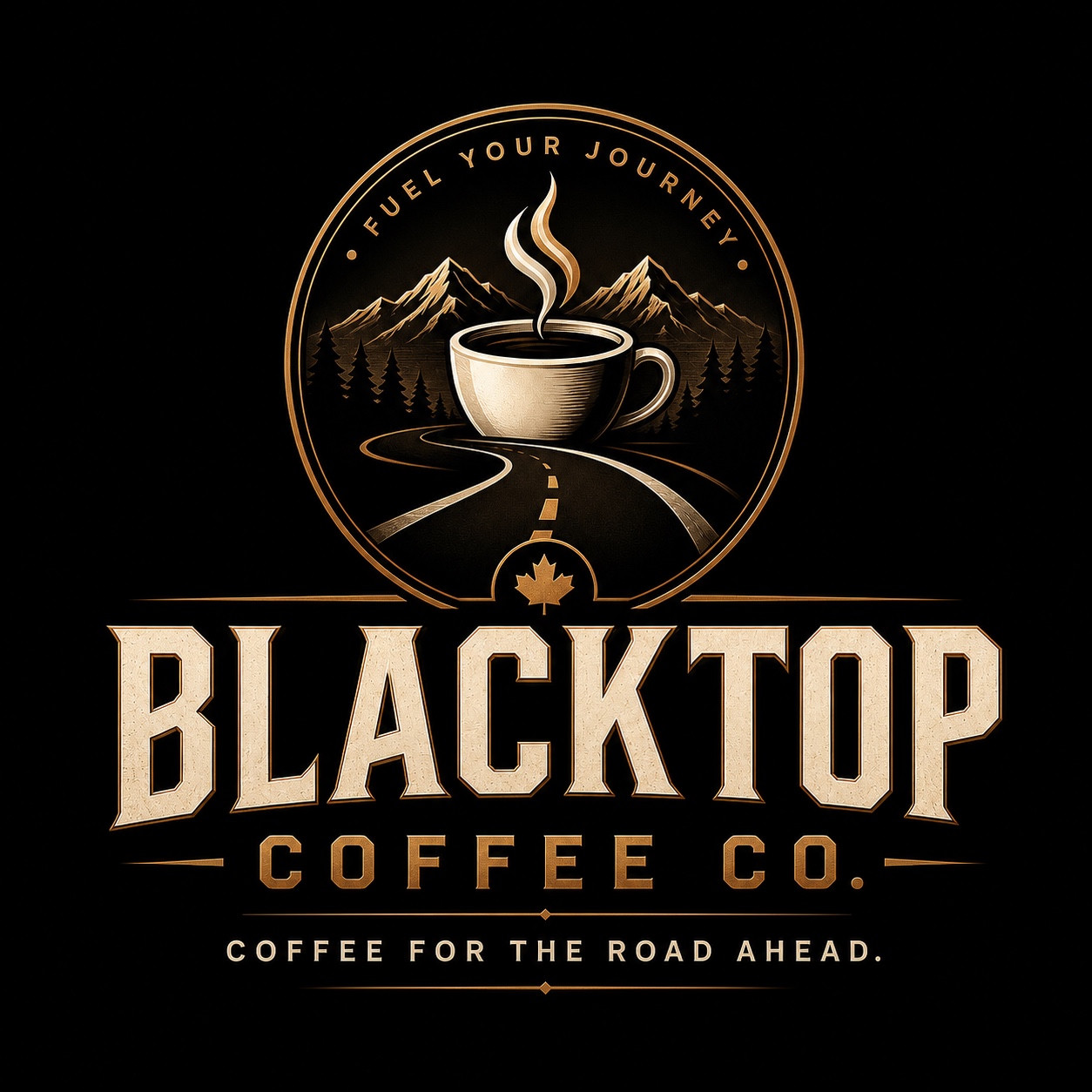 Blacktop Coffee Co logo concept in black, cream and warm gold, with a coffee cup, winding road, mountains, pine trees and maple leaf.