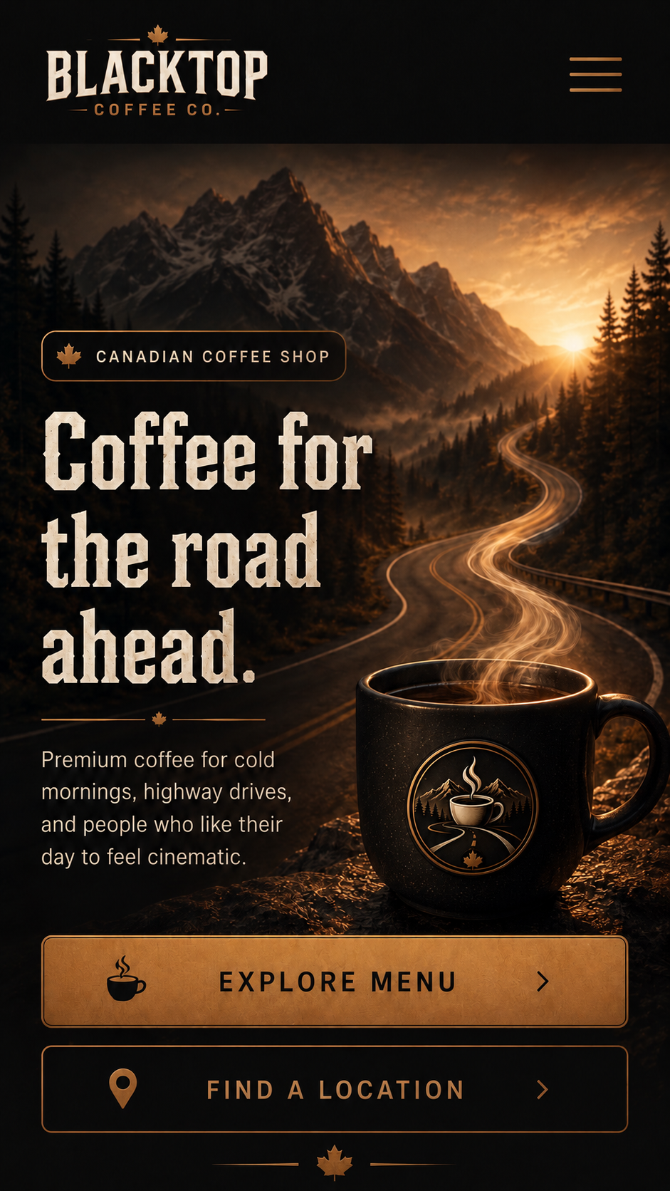 Blacktop Coffee Co mobile website mockup, presenting the fictional coffee brand through a phone-screen layout.