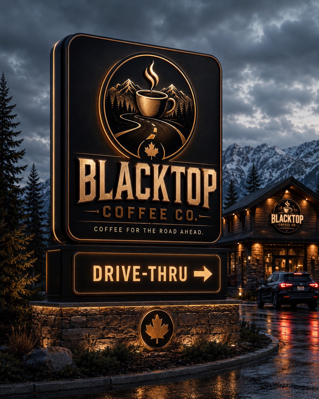 Fictional Blacktop Coffee Co illuminated roadside sign and drive-thru café mockup in a mountain setting.
