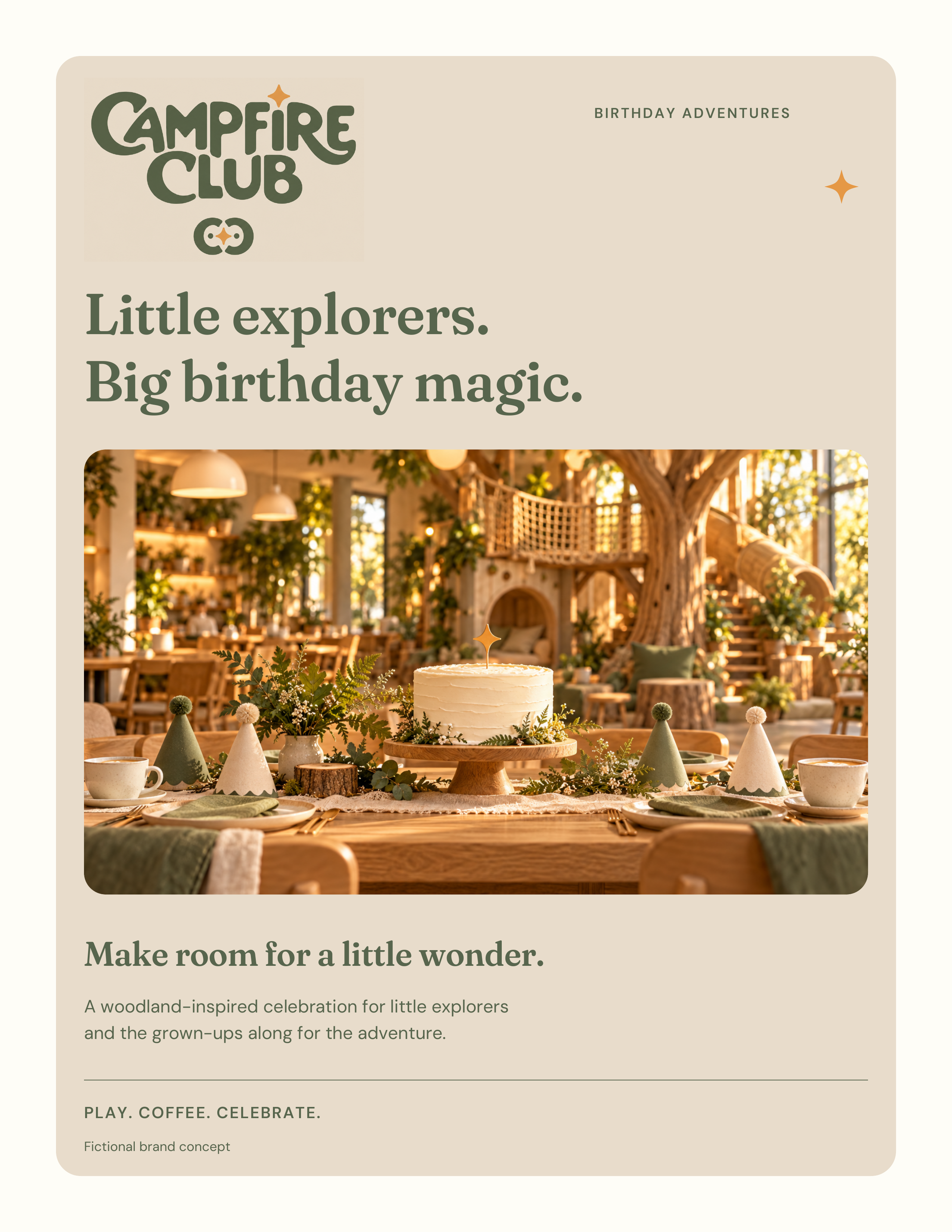 Campfire Club fictional birthday flyer with a woodland café celebration scene and the headline Little explorers. Big birthday magic.