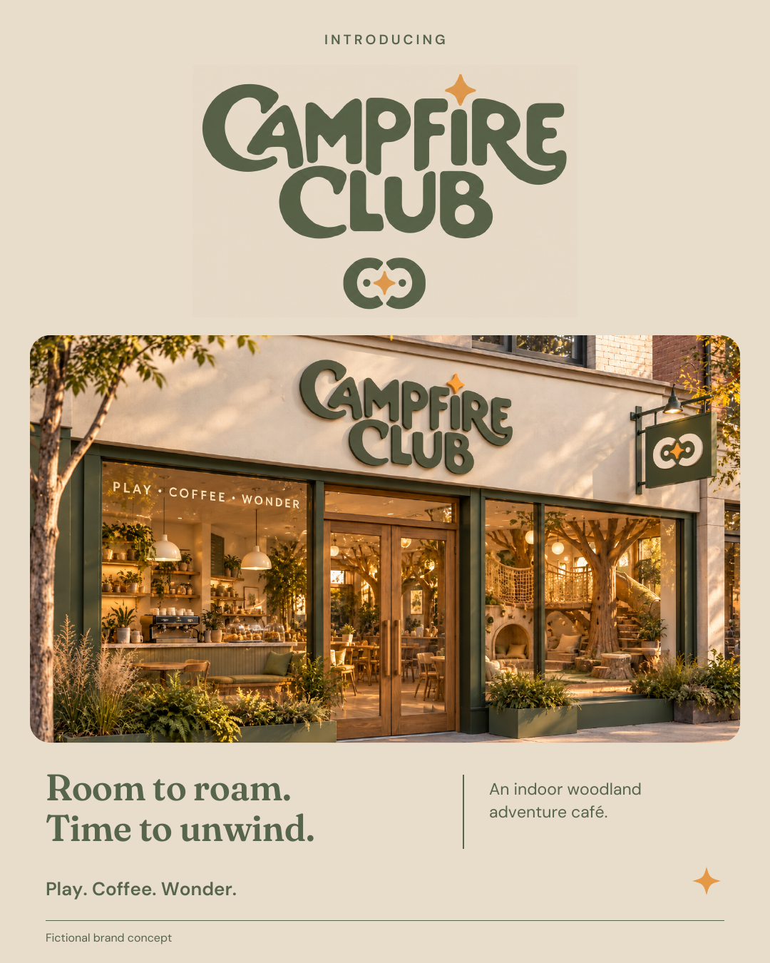 Campfire Club fictional launch artwork combining the logo and storefront with the headline Room to roam. Time to unwind.