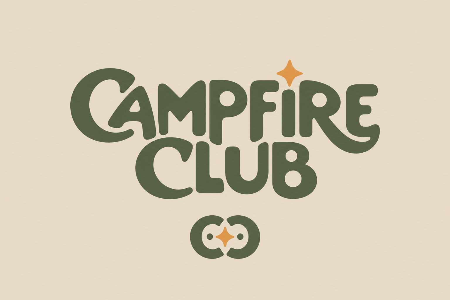 Campfire Club logo in Moss on Oat, with playful rounded lettering, Spark Gold details and an owl icon with round pupils.