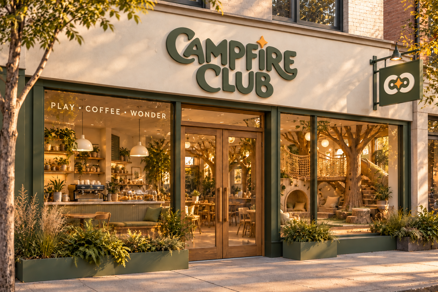 AI-generated Campfire Club storefront concept with Moss green lettering, a round-eyed owl sign and a warmly lit woodland play café.