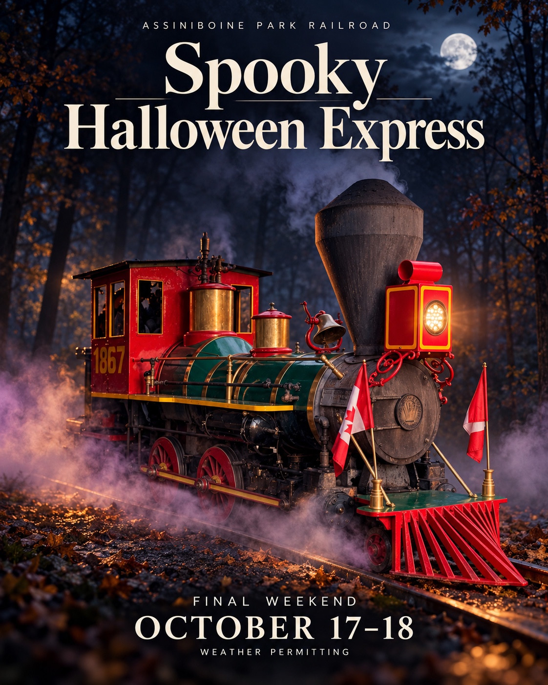 Spooky Halloween Express poster, with a red and green locomotive in a moonlit forest, advertising October 17–18, weather permitting.