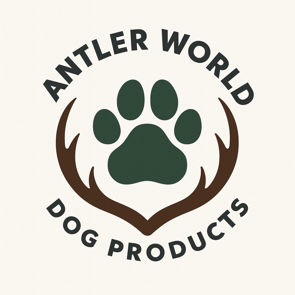 Antler World Dog Products logo proposal with a green paw framed by brown antlers and curved dark lettering on cream.