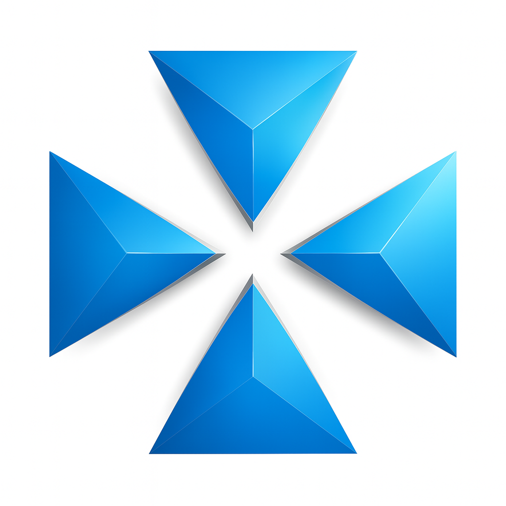 Four faceted blue triangular forms pointing toward a central white space.