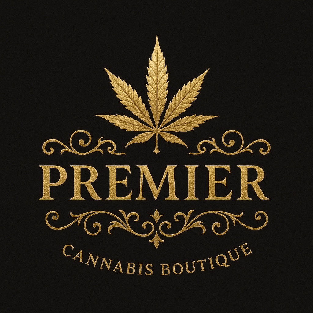 Premier Cannabis Boutique personal logo concept with a gold cannabis leaf, ornamental flourishes and serif lettering on black.