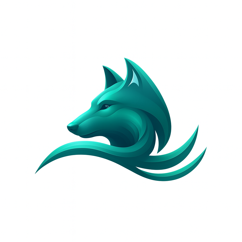 A sculpted teal canine profile with flowing, curved forms on white.