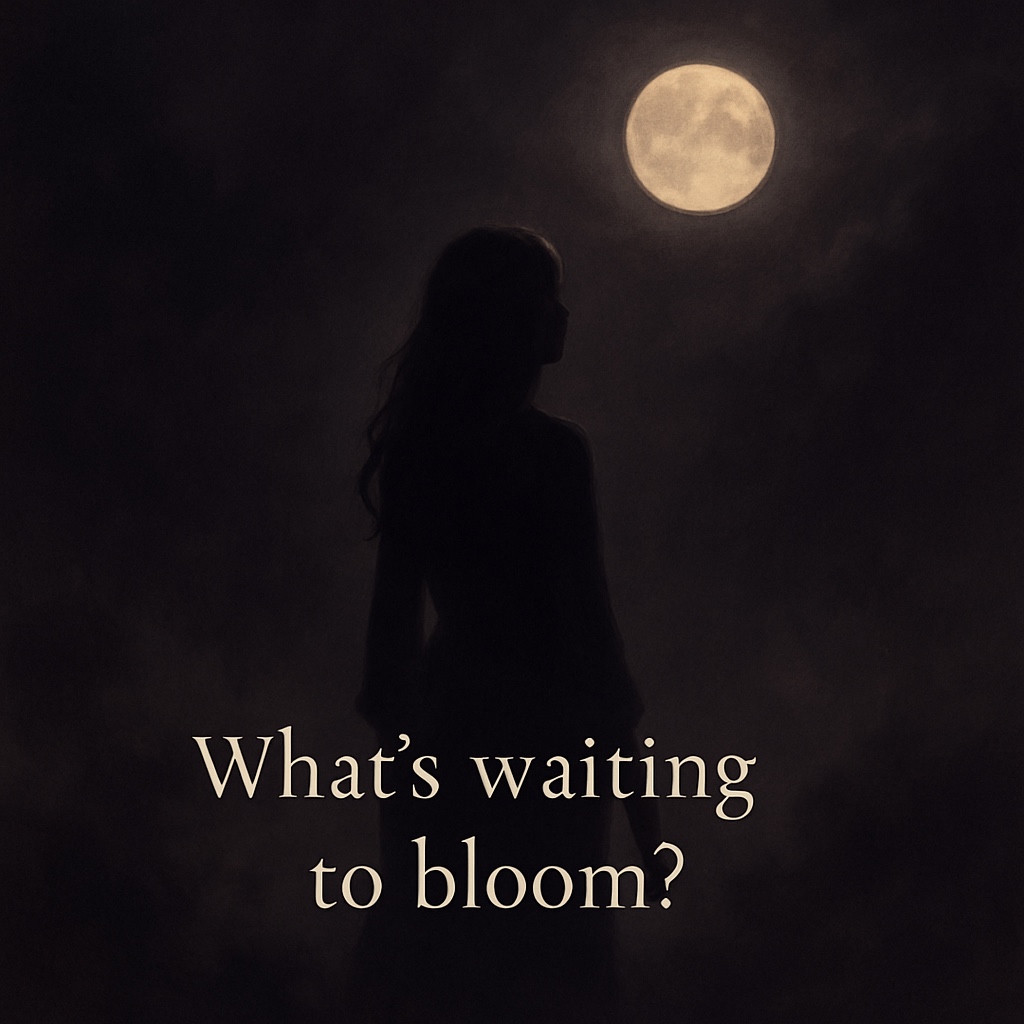 Luna Bloom concept post with a woman's silhouette beneath a full moon and the words What’s waiting to bloom?
