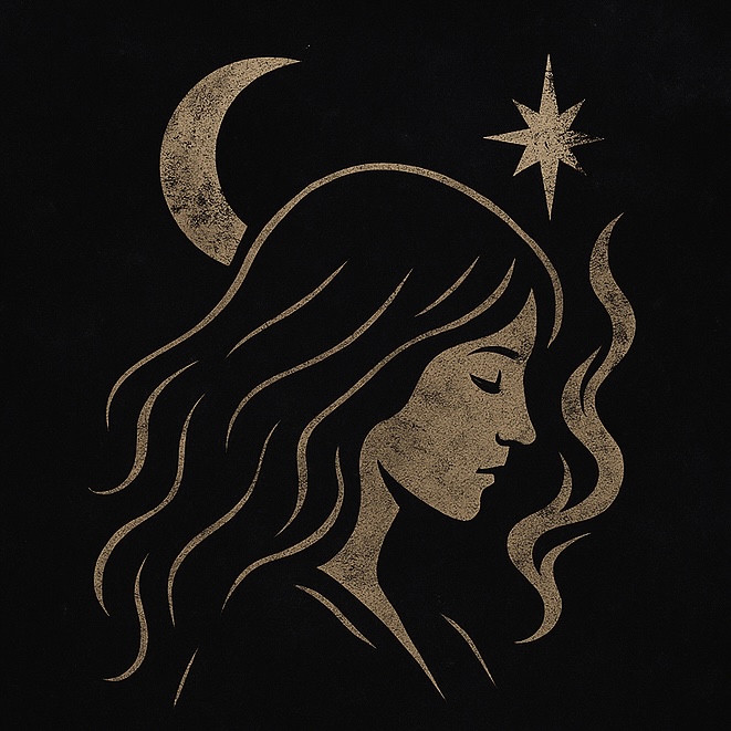 Luna Bloom identity icon: a woman's profile, flowing hair, crescent moon and star in textured gold on black.