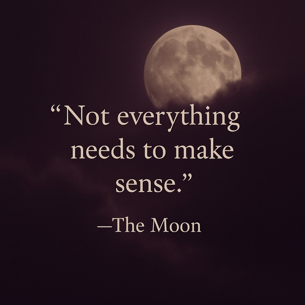 Luna Bloom concept post with a full moon over deep plum clouds and the words Not everything needs to make sense, attributed to The Moon.