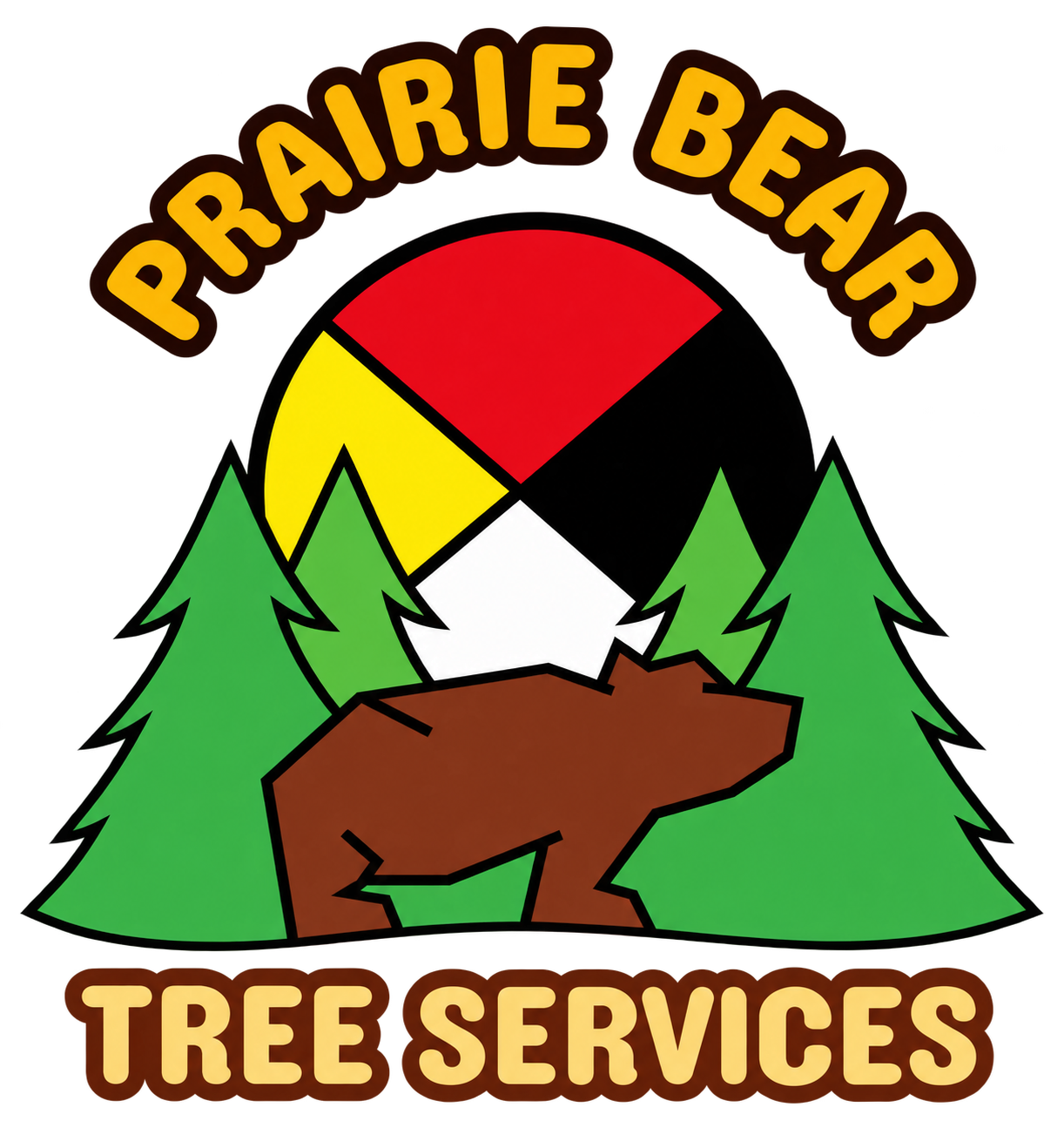 Prairie Bear Tree Services logo reconstruction, with yellow lettering, green trees, a brown bear, and a circle divided into red, yellow, black and white sections.