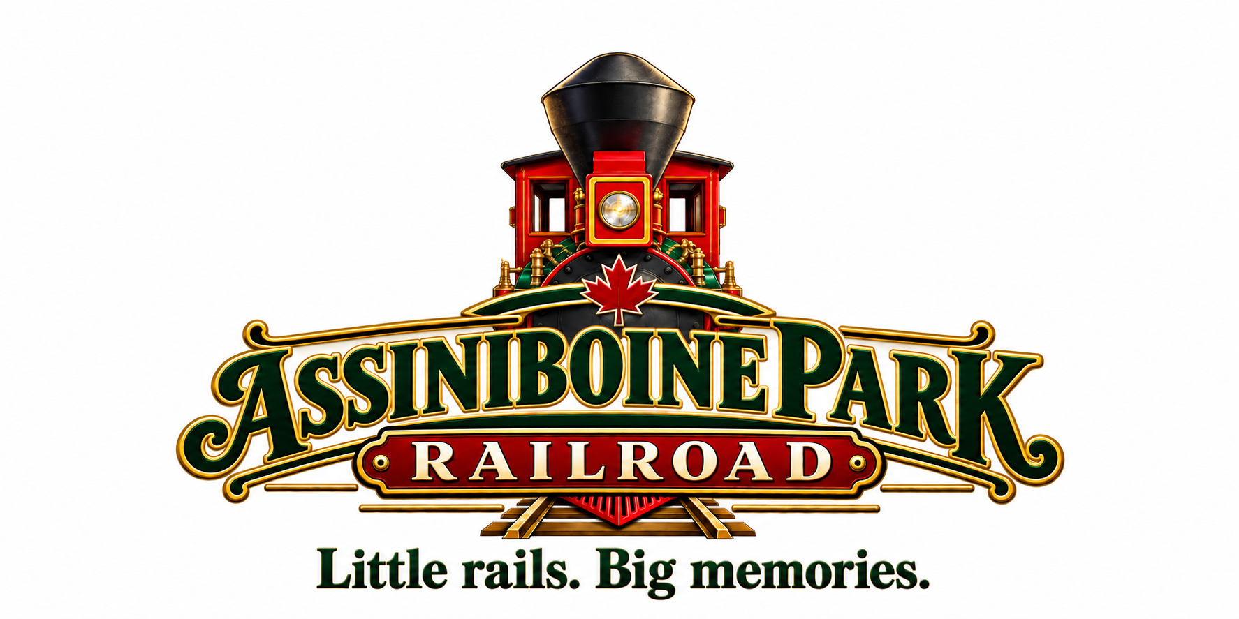 Assiniboine Park Railroad logo concept with a red locomotive, ornate green and gold lettering, maple leaf, and Little rails. Big memories. tagline.